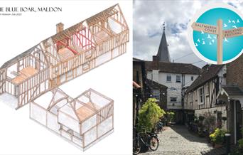 Drawing of the architecture of the Blue Boar pub next to photo of the pub's cobbled courtyard