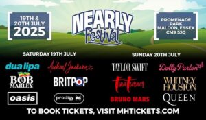 Promotional poster for Nearly Festival 2025 featuring artists like Dua Lipa, Michael Jackson, Taylor Swift, and Dolly Parton.