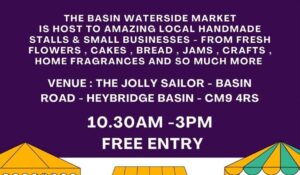 Promotional poster for the Basin Waterside Market, showcasing local handmade goods, at The Jolly Sailor in Heybridge Basin, free entry.