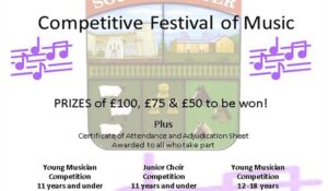 Poster for a music festival featuring competitions and cash prizes for different age groups, with musical notes in the design.