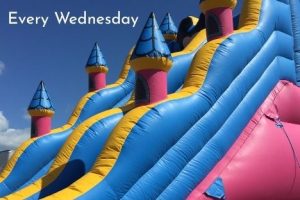 A colourful bouncy castle with text that reads 'Every Wednesday'