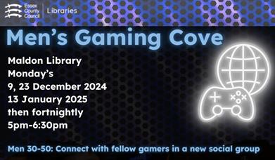 Here is an alt text description for the image:  Image Description:  The image is a poster advertising a new social group called "Men's Gaming Cove" at