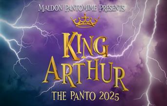 A purple background with lightning bolts on either side. In the center, the words "KING ARTHUR" are displayed in gold letters with a crown above. Belo