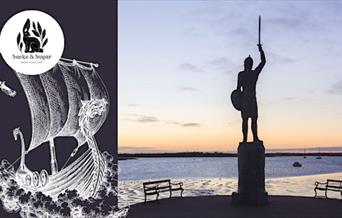 Picture of statue of Byrhtnoth alongside black and white drawing of Viking ship