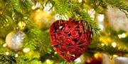 Real Christmas tree with heart-shaped bauble